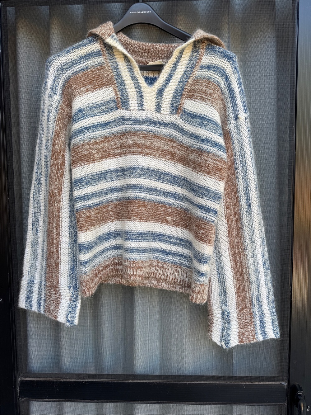 Vintage Janizen Mohair Blend Striped V Neck Sweater Blue Brown Cream
